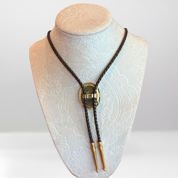 Leather and Gold Stone Bolo Tie - Picture 2 of 4